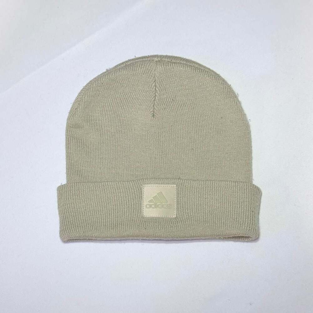 Adidas Cuffed Beanie Hat Cream Knit Logo Patch